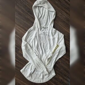 ​PINK Victoria's Secret XS White Gold Logo Hooded Top Loose Cut Out Back Y2K